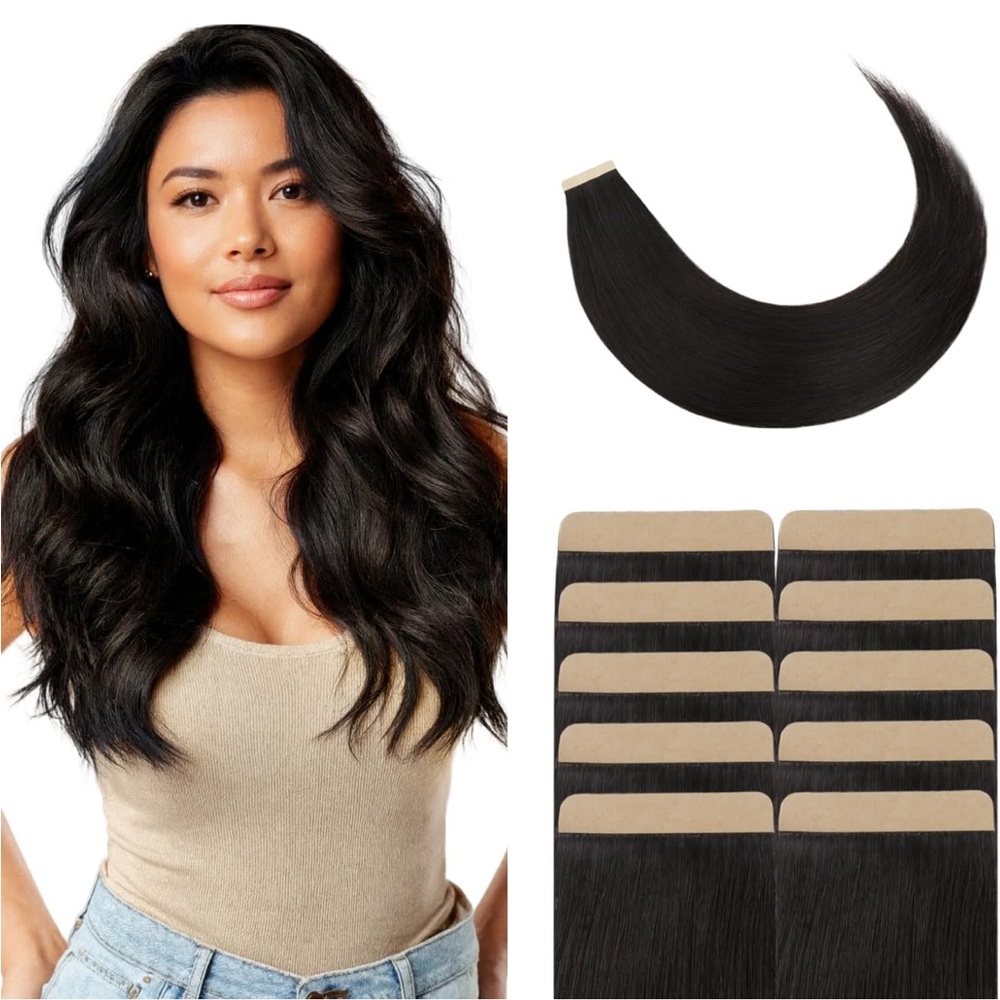 Natural Black Remy Human Hair Seamless 18 Inch Tape In Hair Extensions